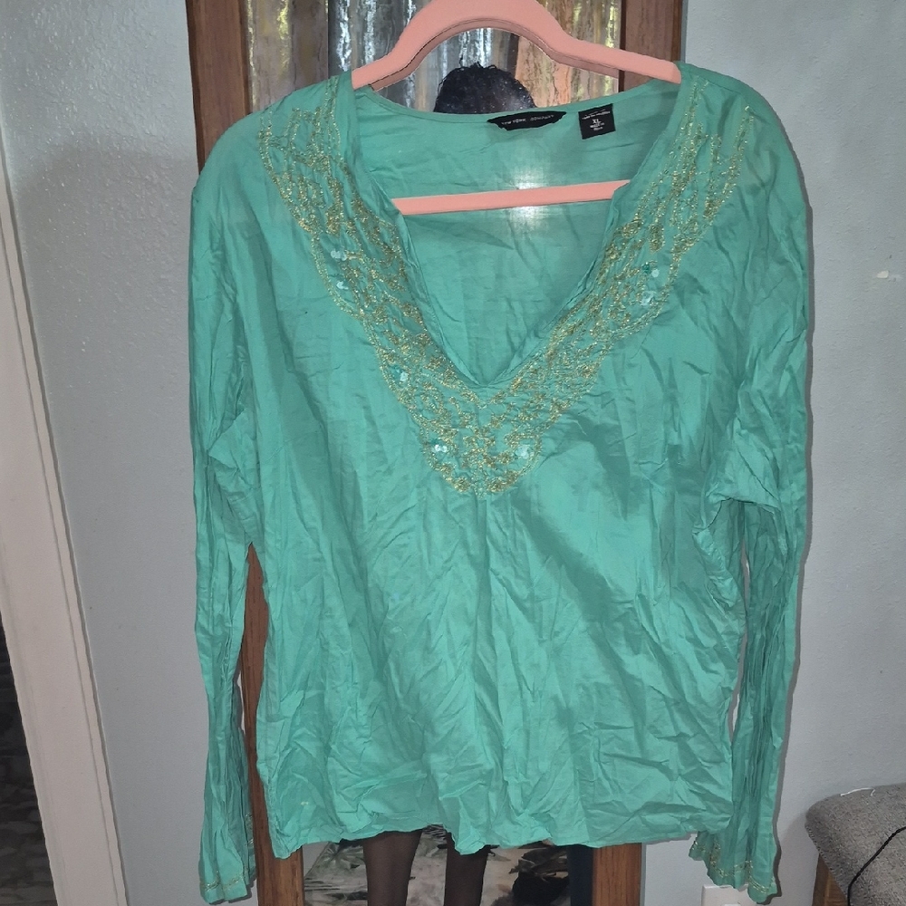 New York & Company Embroidry Mint Blouse with Gold Accents